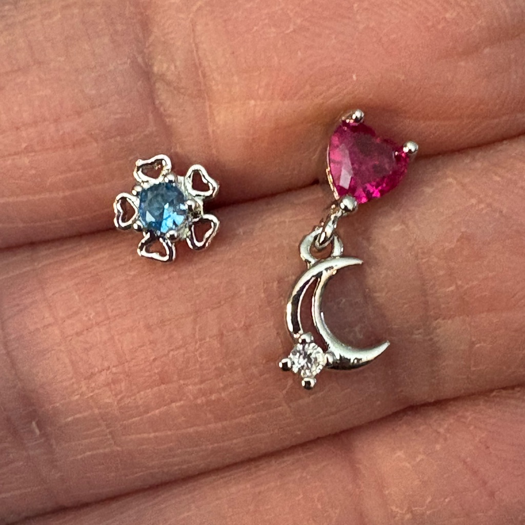 2 Nose Rings 20g Pink Heart  Blue Flower Nose Stud Surgical Steel Silver Tone